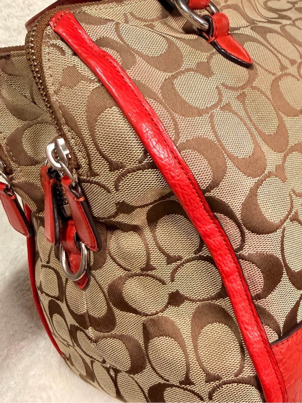 Coach Beige Signature Canvas Satchel with Red Leather Trim - Picture 14 of 16